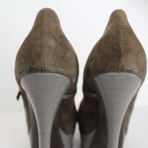 Fendi Olive Suede Croc Platform Pumps Sz 40 Ankle Strap Mary Jane Stiletto Heels - Picture 12 of 14